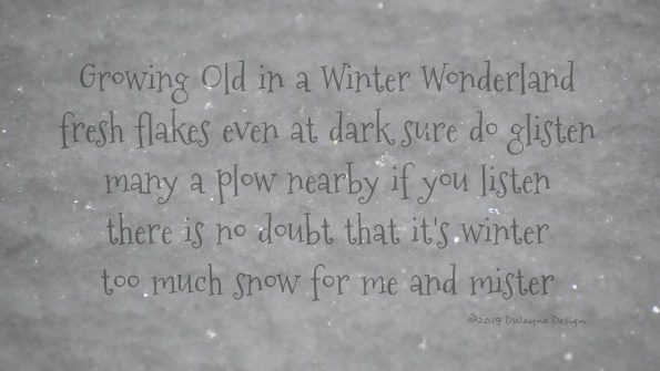 Growing Old in a Winter Wonderland | fresh flakes even at dark sure do glisten | many a plow nearby if you listen | there is no doubt that it's winter | too much snow for me and mister