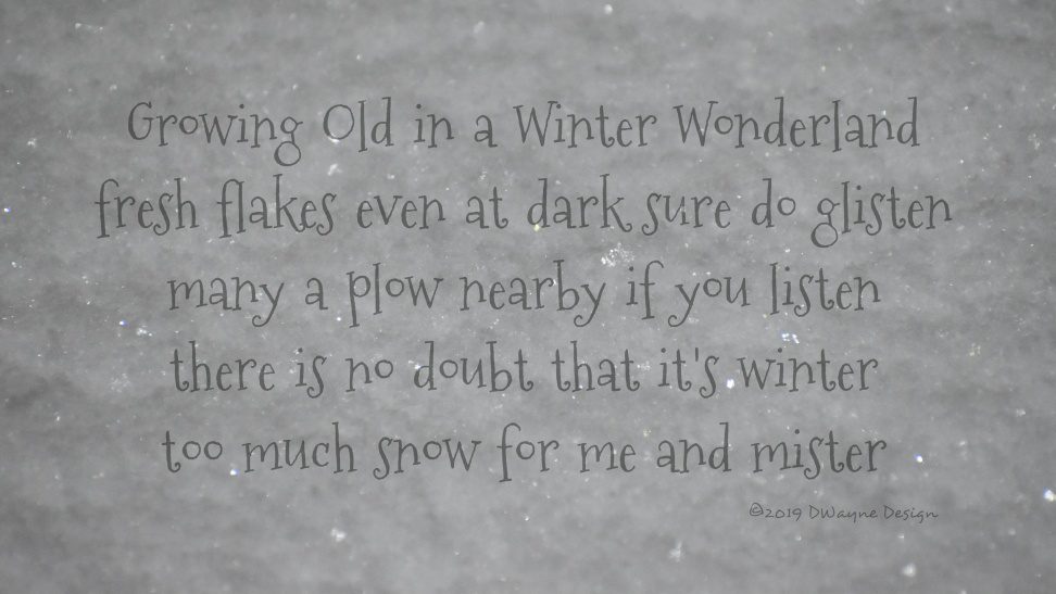 Growing Old in a Winter Wonderland | fresh flakes even at dark sure do glisten | many a plow nearby if you listen | there is no doubt that it's winter | too much snow for me and mister